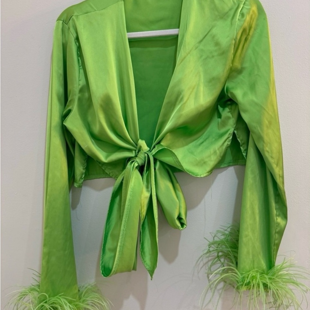 Green Satin Tie-Front Top with Feather Cuffs